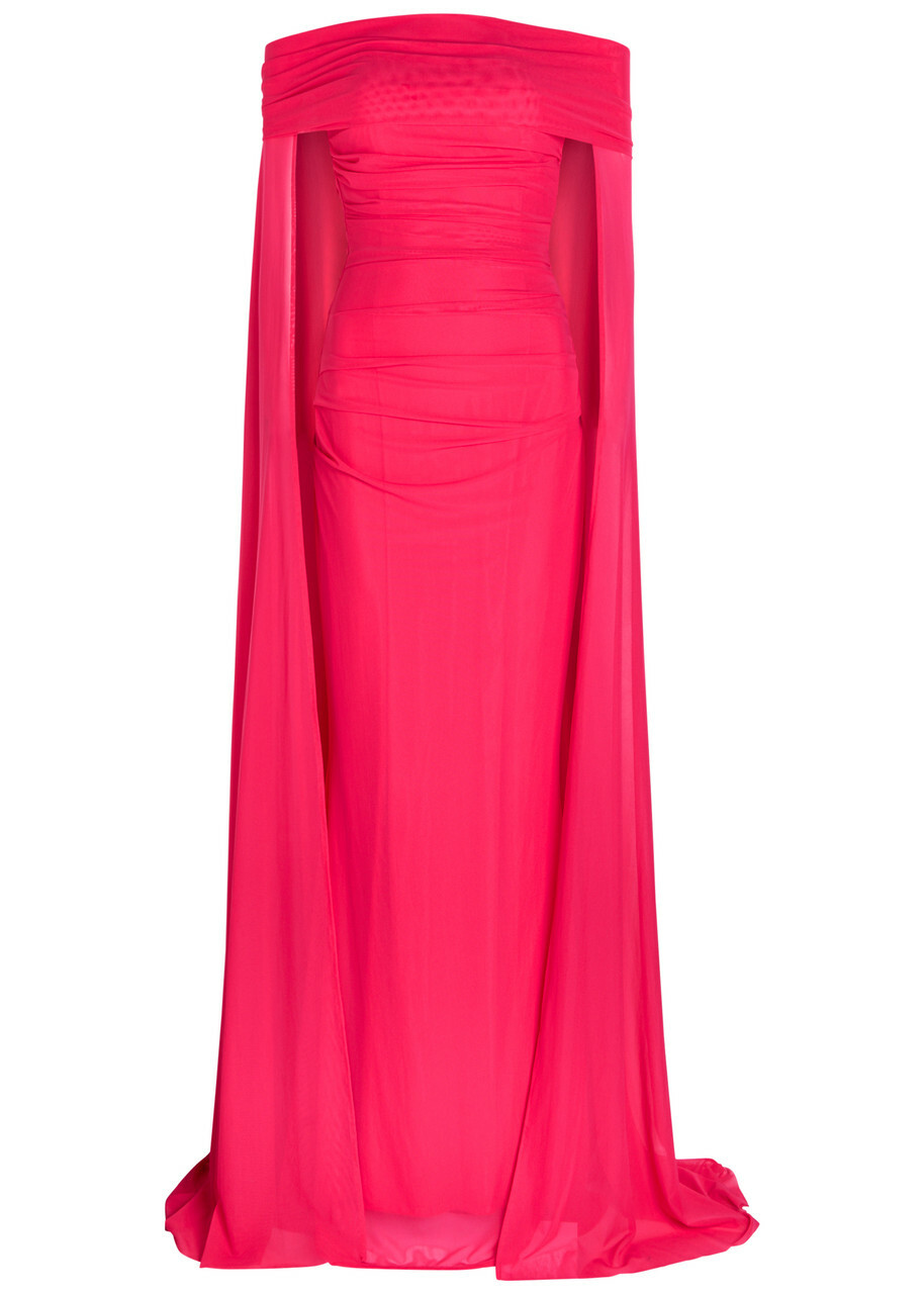 Talbot Runhof Cape-effect Stretch-tulle Gown Dark Pink
