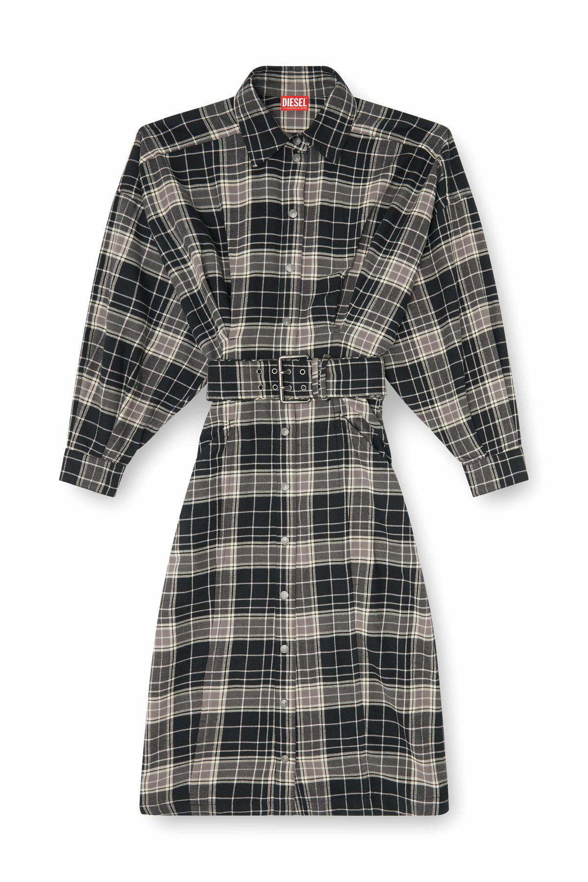 Diesel Midi dress in check flannel with wide belt - Dresses Womens in Multicolor