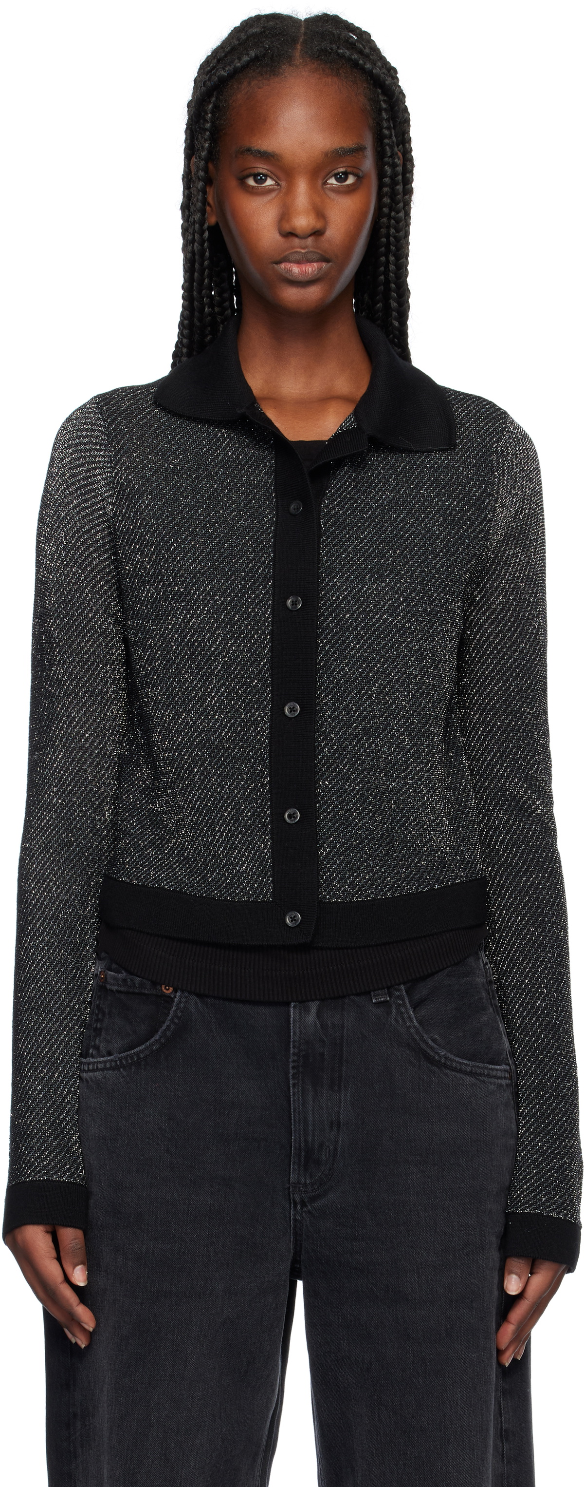 Re Done Black Silver Lurex Polo Cardigan Re Done