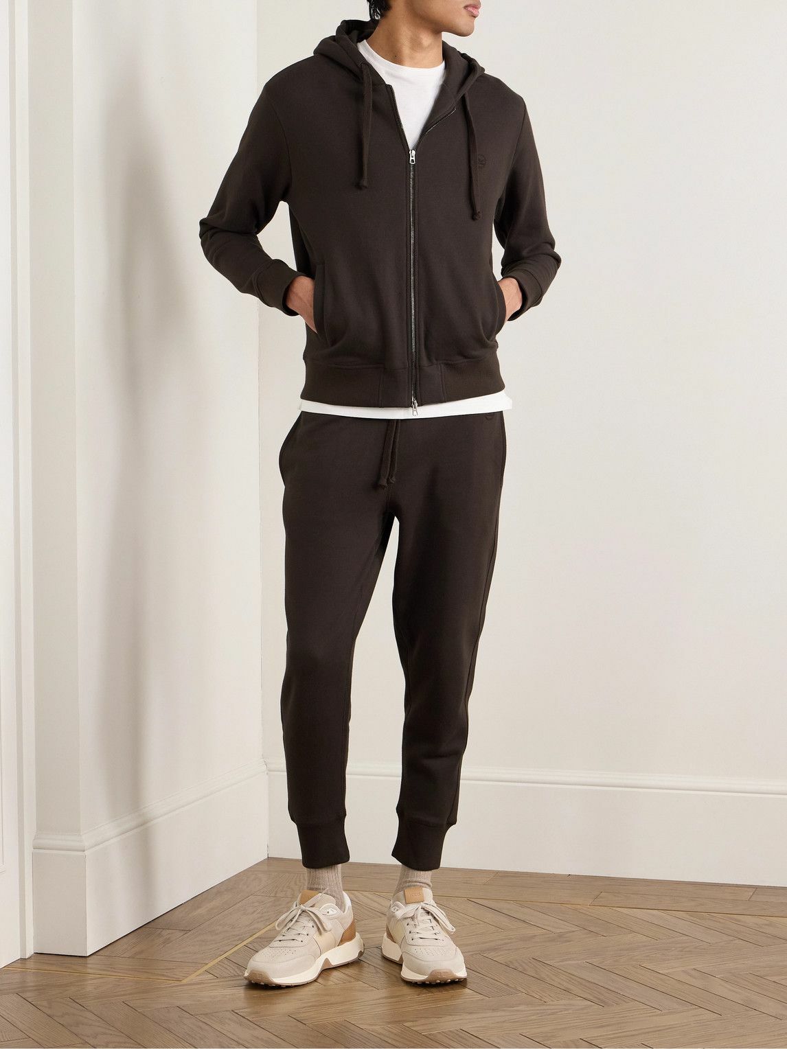 Kingsman - Logo-Embroidered Cotton and Cashmere-Blend Jersey Zip-Up Hoodie - Brown