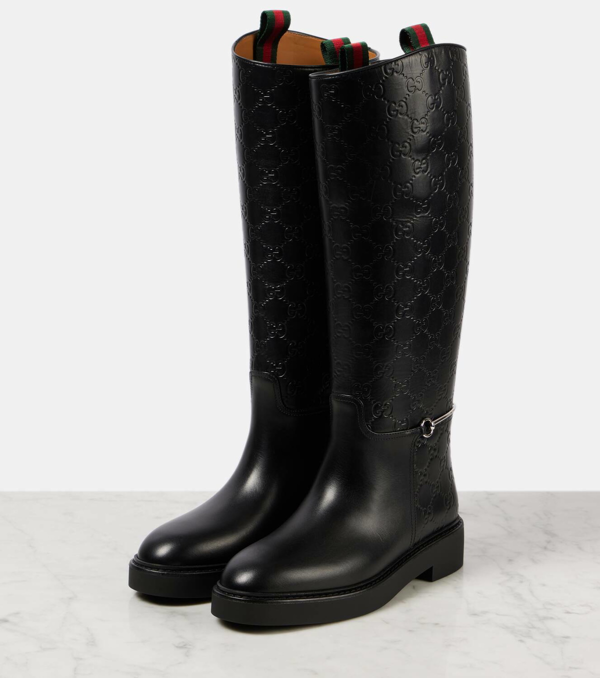Gucci Horsebit GG embossed leather knee-high boots