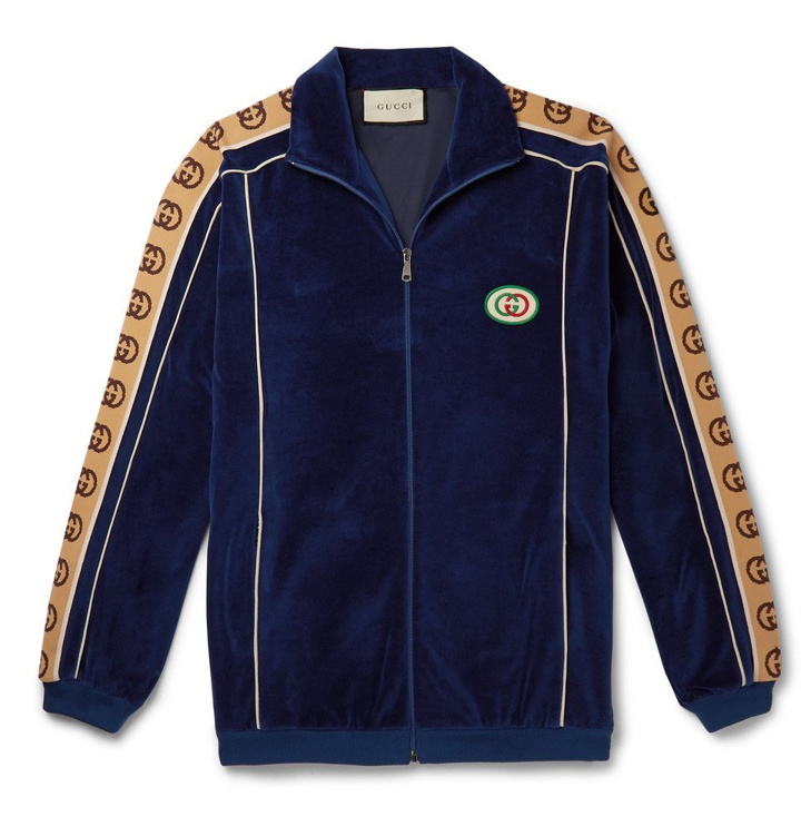 Photo: Gucci - Oversized Logo-Appliquéd Webbing-Trimmed Piped Velvet Track Jacket - Blue