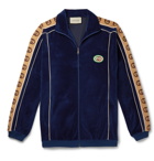 Gucci - Oversized Logo-Appliquéd Webbing-Trimmed Piped Velvet Track Jacket - Blue