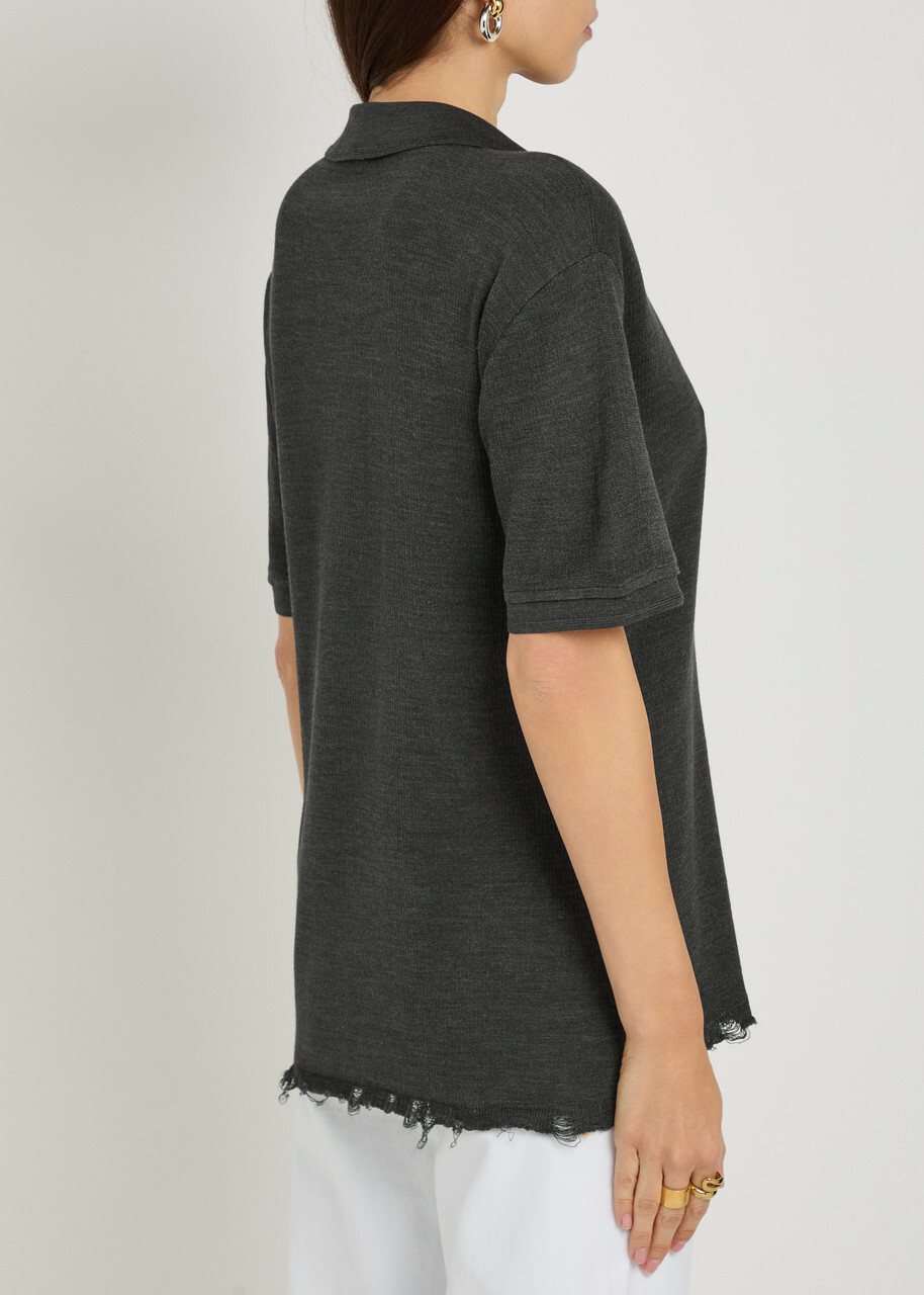 Tory Burch Distressed Silk-blend Polo top Dark Grey
