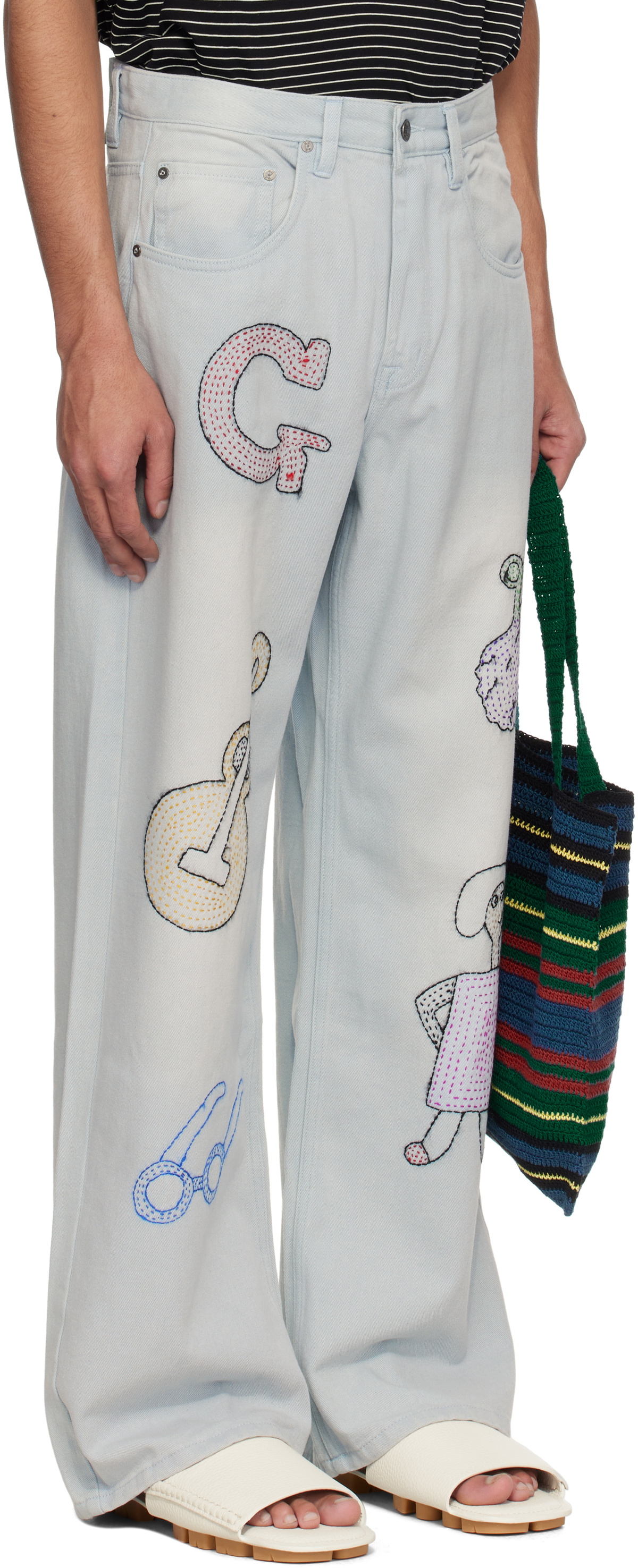 Glass Cypress Blue Embroidered Oversized Denim Jeans