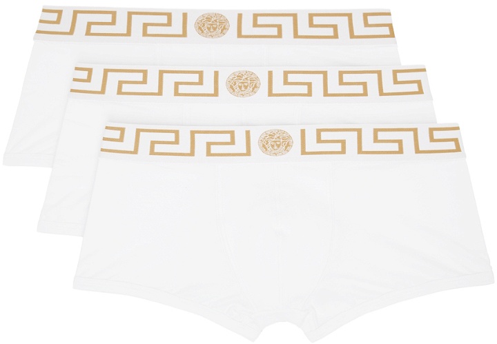 Photo: Versace Underwear Three-Pack White Greca Border Boxer Briefs