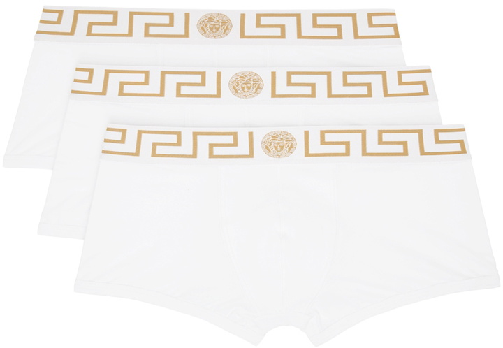 Photo: Versace Underwear Three-Pack White Greca Border Boxer Briefs