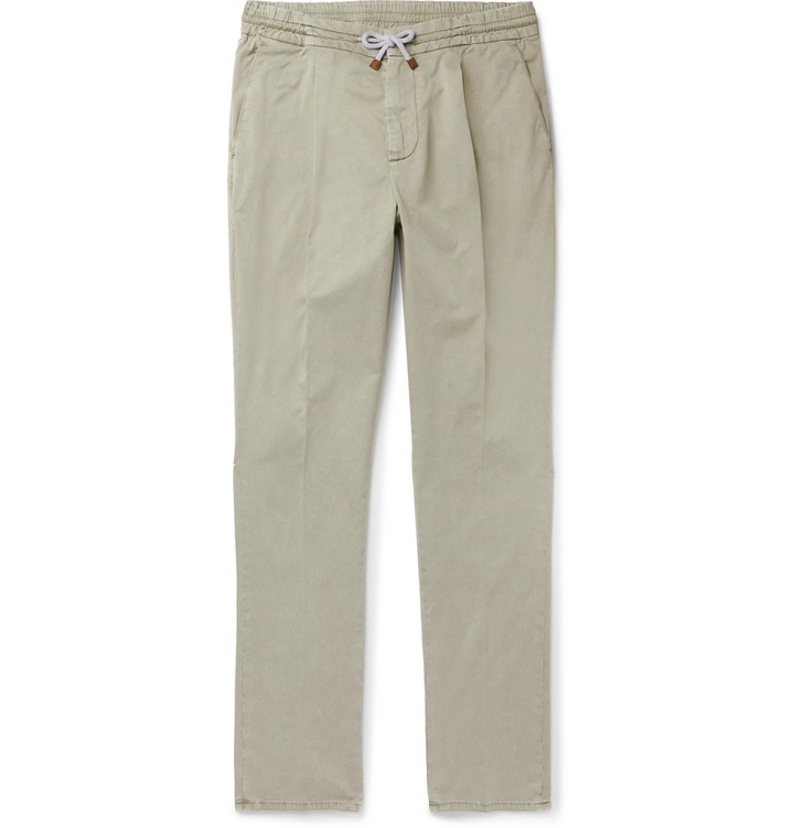 Photo: Brunello Cucinelli - Tapered Stretch-Cotton Twill Drawstring Trousers - Green