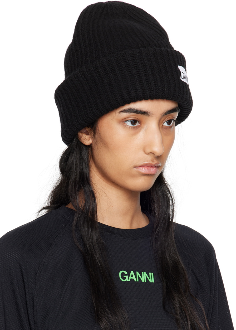 ganni❤︎beanie GANNI Black Oversized Wool Rib Knit Beanie GANNI