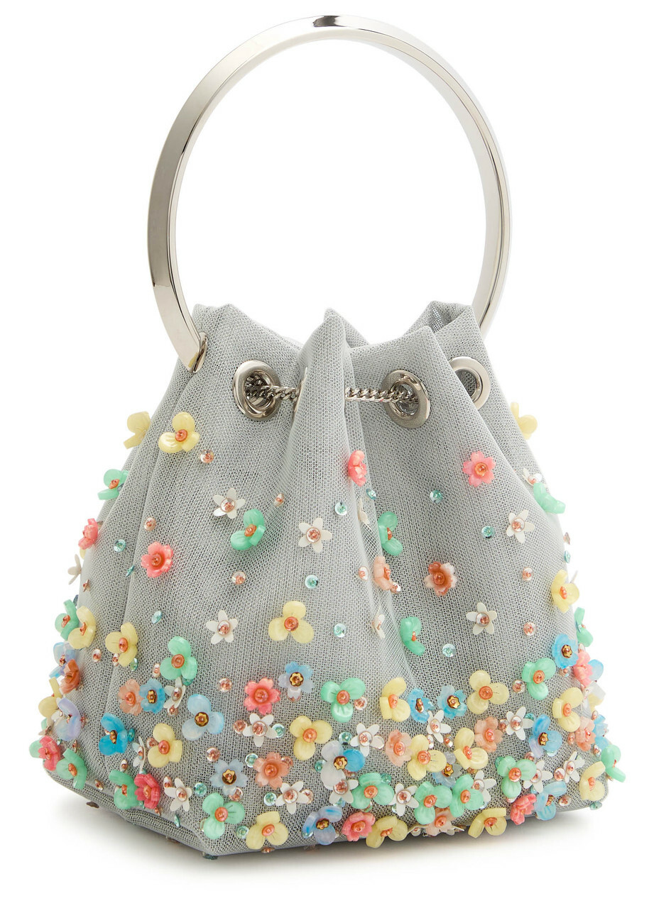 Jimmy Choo Bon Bon Floral-embellished Mesh Bucket bag - Silver - One Size