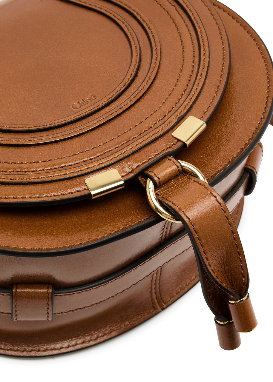 Chloe - Women's Brown Marcie Small Glossed Leather Saddle Bag - Ring Fastening & Adjustable Shoulder Strap - One Size