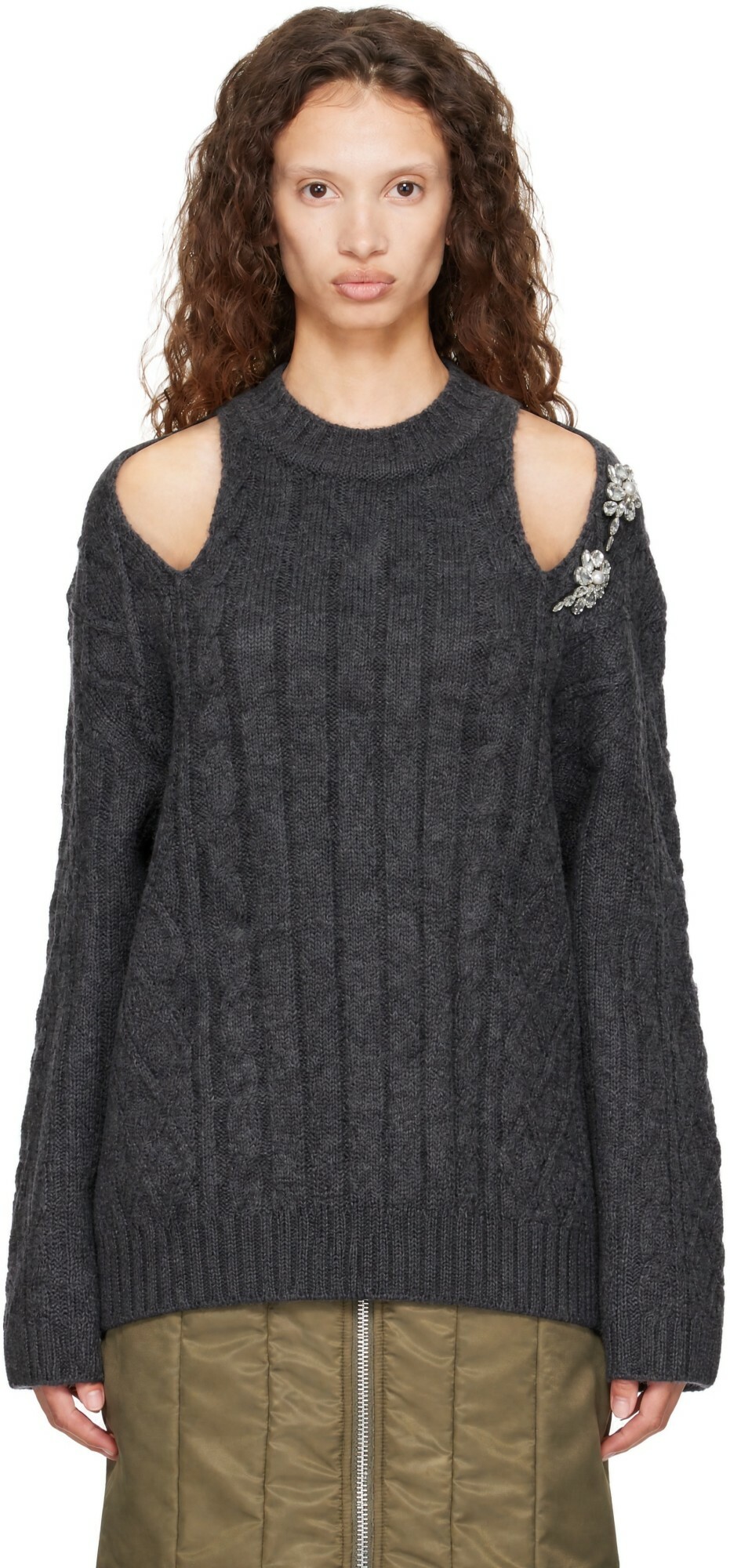Simone Rocha Gray Cable Knit Slash Sweater
