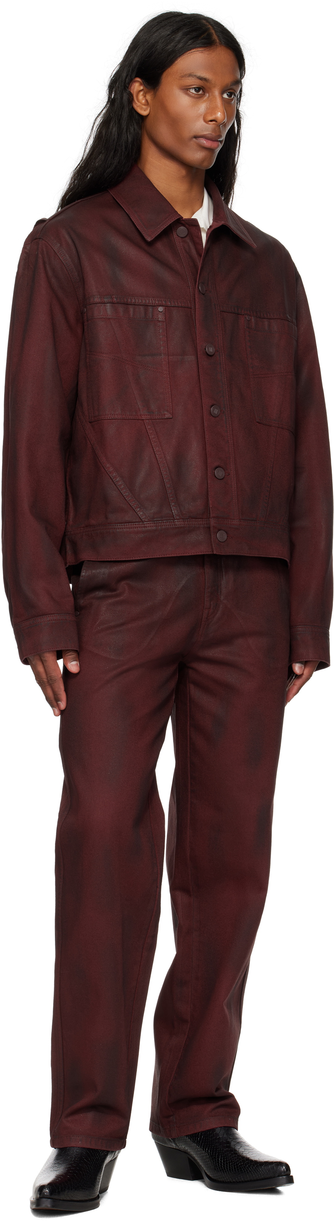LGN Louis Gabriel Nouchi Burgundy Gloss Coated Workwear Denim Jacket