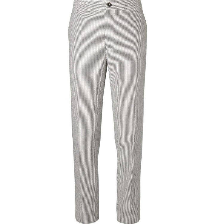 Photo: Ermenegildo Zegna - Grey Striped Cotton-Seersucker Drawstring Suit Trousers - Men - Gray