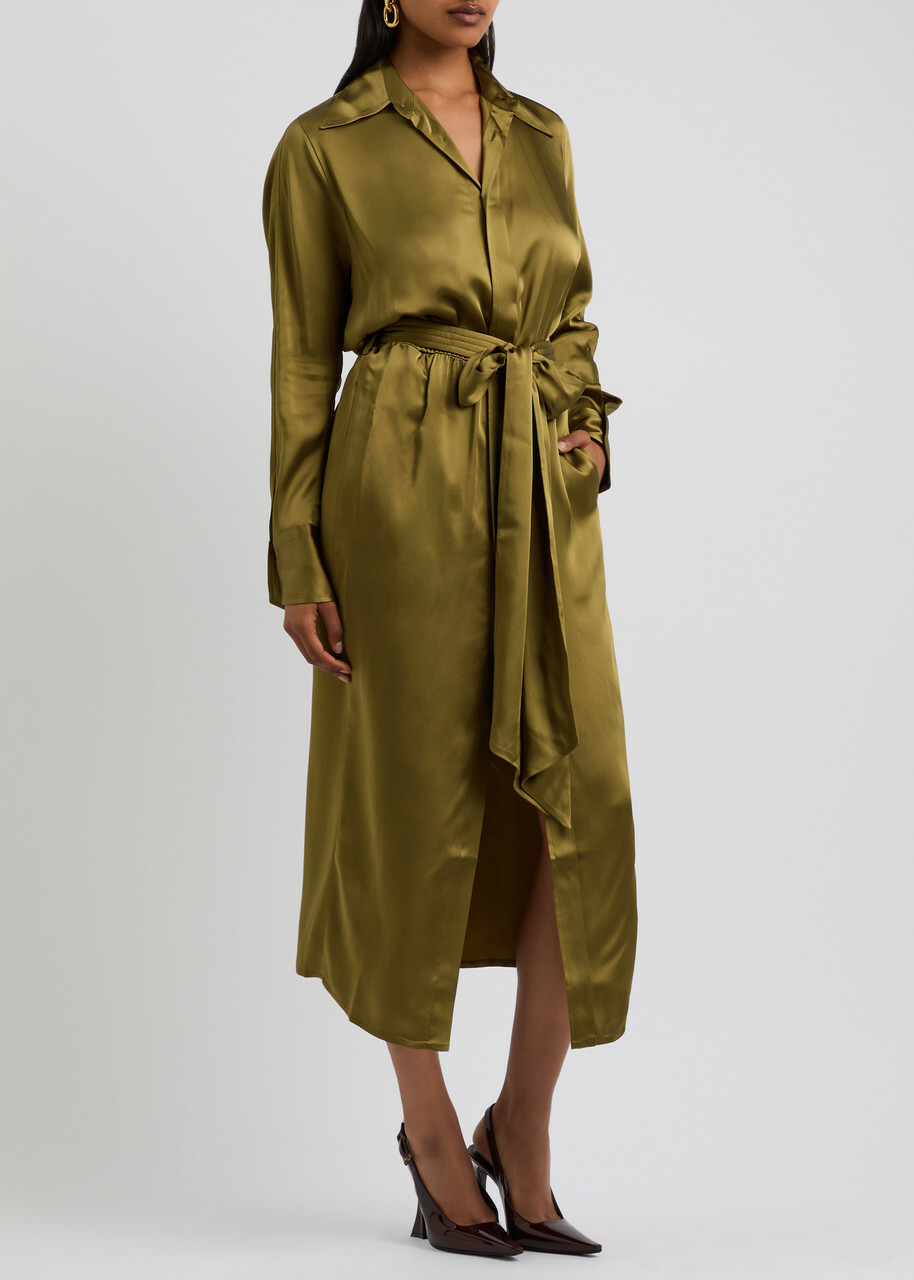 Petar Petrov The Slippery Belted Satin Midi Shirt Dress Green Olive Petar Petrov Petar Petrov The Slippery Belted Satin Midi Shirt Dress Green Olive Petar Petrov