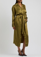Petar Petrov The Slippery Belted Satin Midi Shirt Dress Green Olive