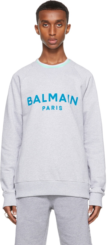 Photo: Balmain Grey & Blue Flocked Logo Sweatshirt