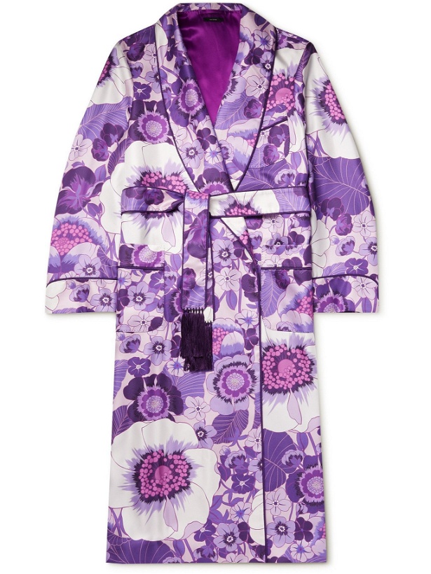 Photo: TOM FORD - Tasselled Piped Floral-Print Silk-Twill Robe - Purple