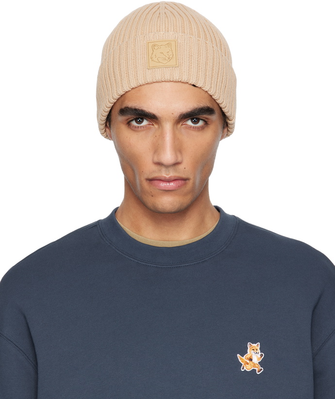 Photo: Maison Kitsuné Beige Bold Fox Head Leather Patch Beanie