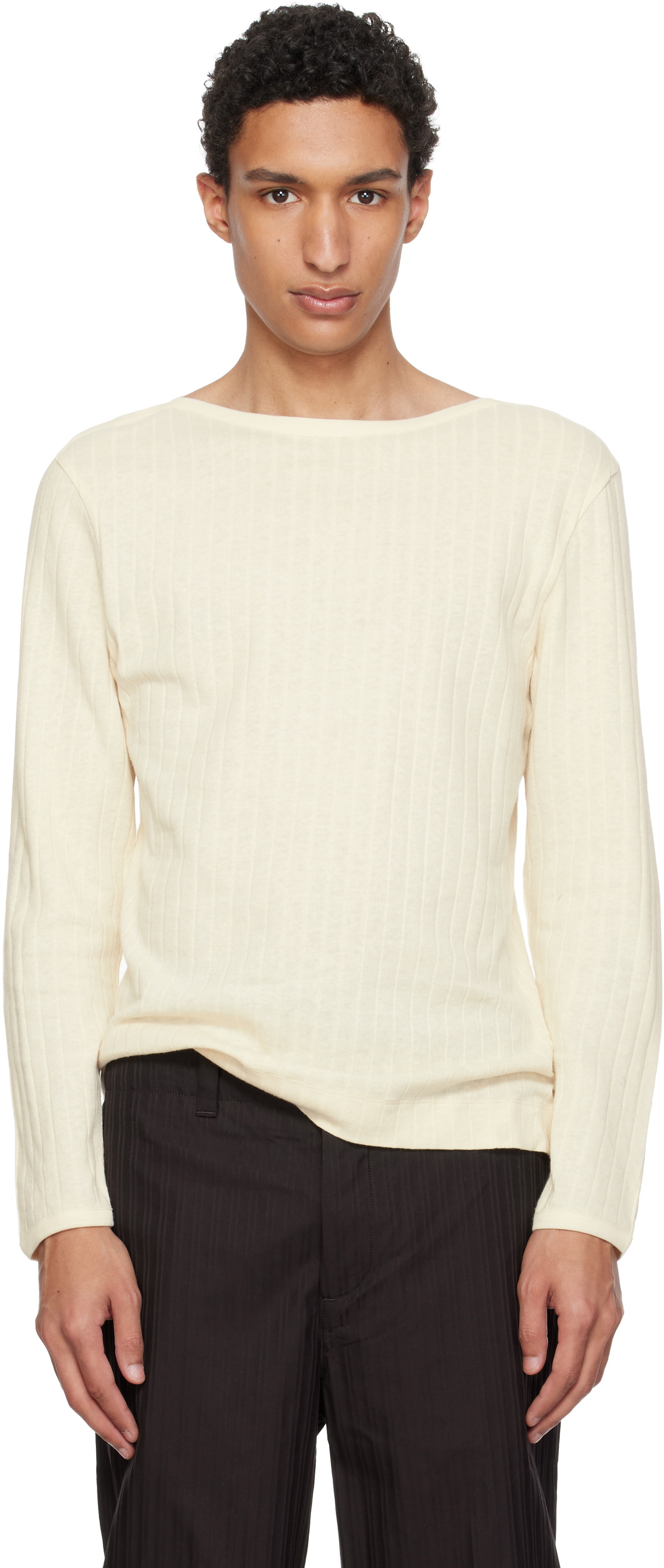 Paul Smith Beige Cotton-Linen Boat Neck Long-Sleeve T-shirt