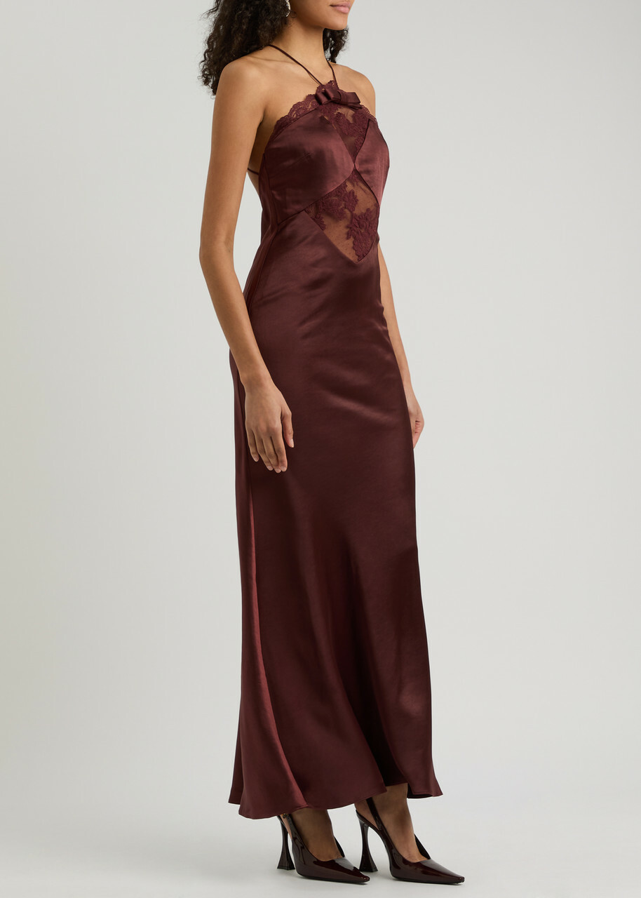 Brown Lace Trim Satin Cami Maxi Dress main image 0