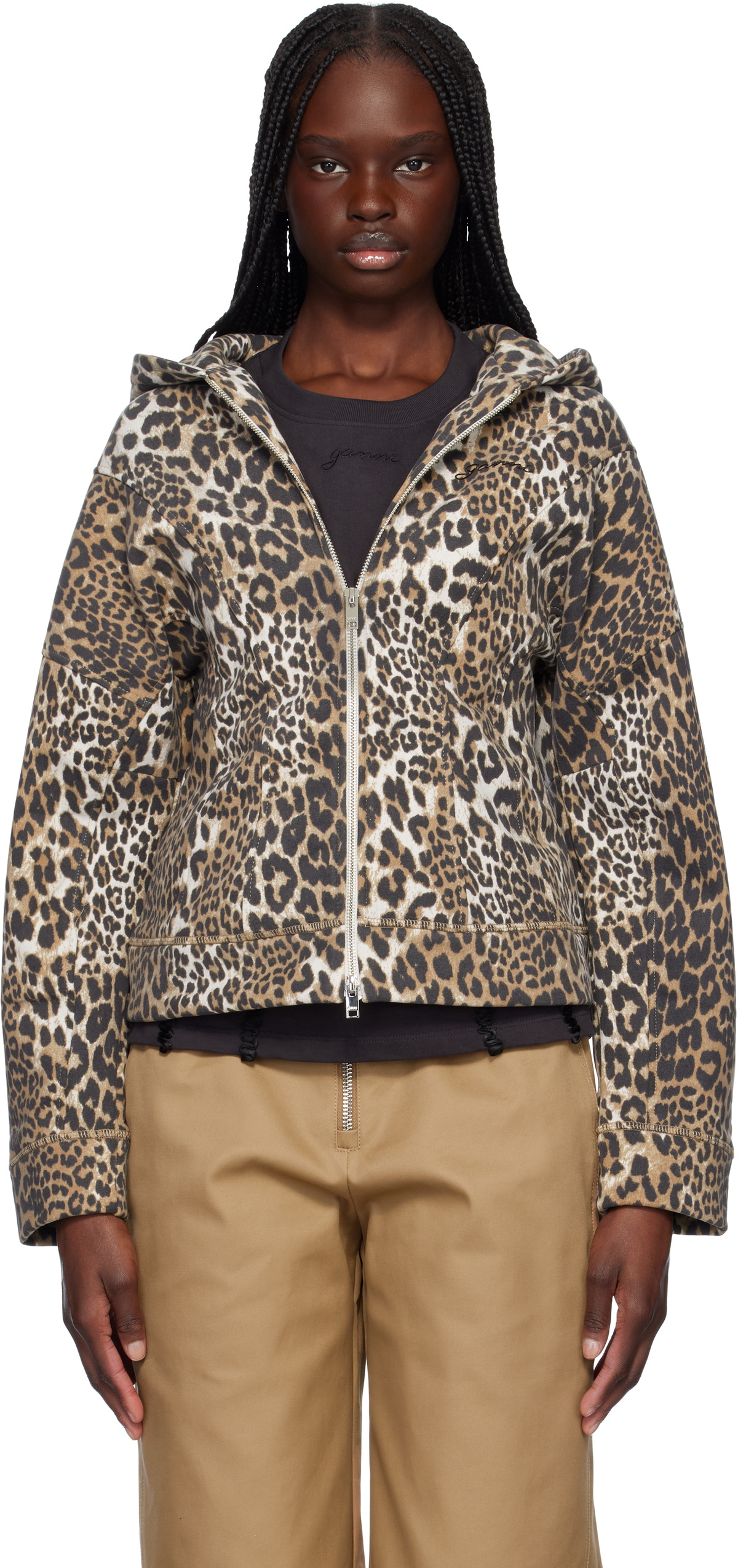 GANNI Brown & Black Heavy Fleece Zip Hoodie