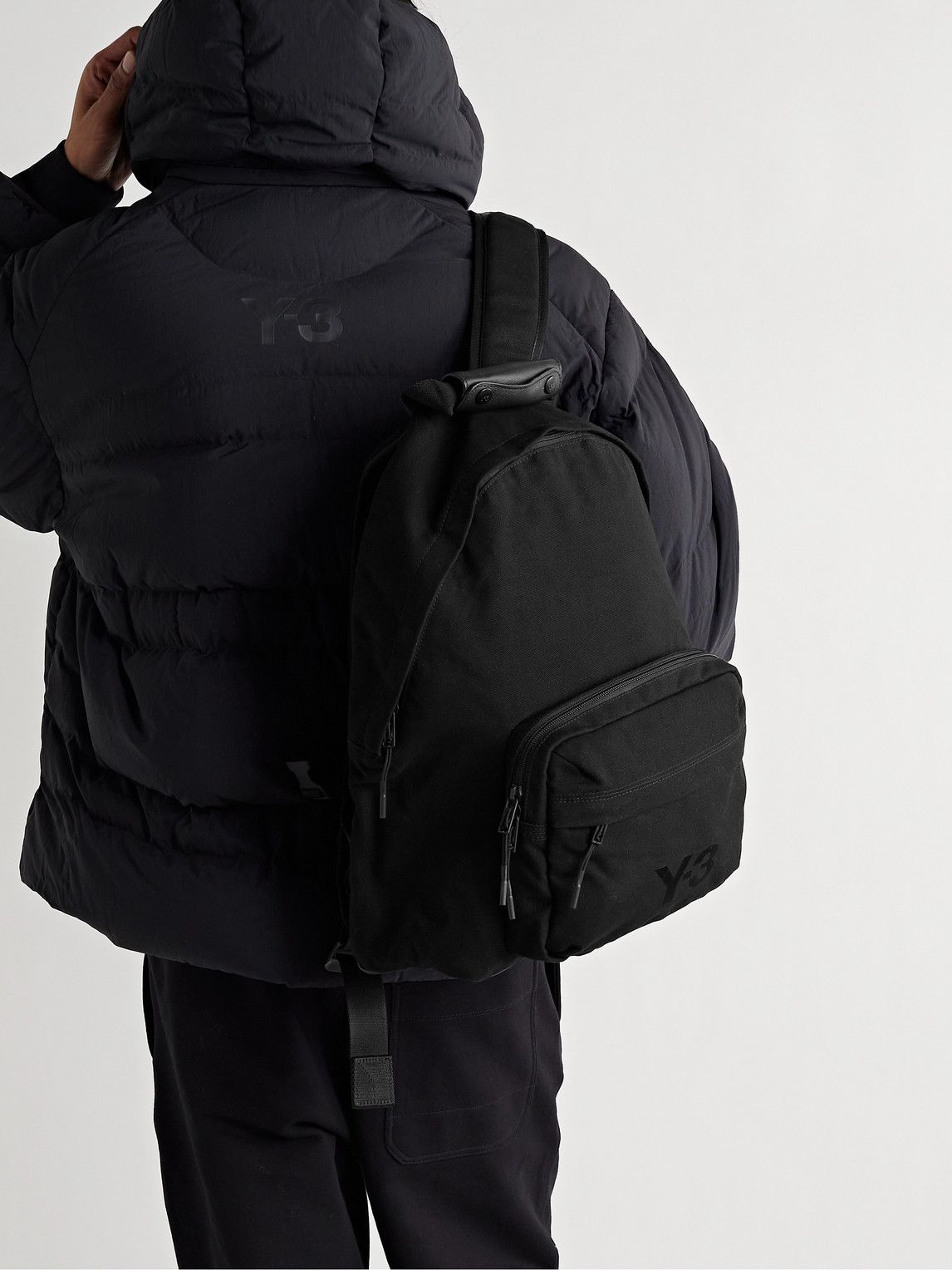 Y-3 - Logo-Embroidered Leather-Trimmed Cotton-Canvas Backpack - Black Y-3