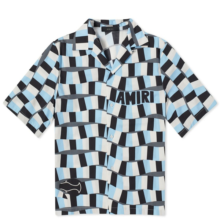 Photo: AMIRI Men's Checkered Snake Short Sleeve Vacation Shirt in Air Blue