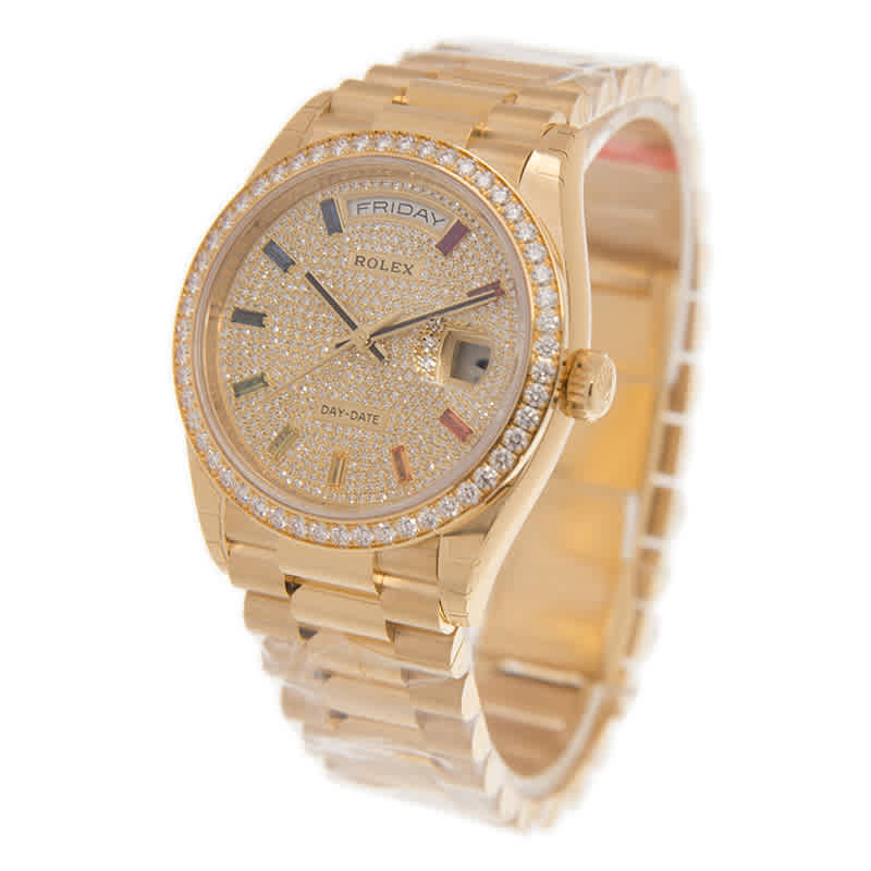 Rolex Day-Date 36 Diamond Pave Rainbow Dial 18kt Yellow Gold President Watch 128348DSP