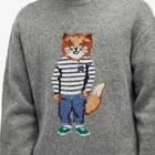 Maison Kitsuné Men's Dressed Fox Intarsia Jumper in Medium Grey Melange