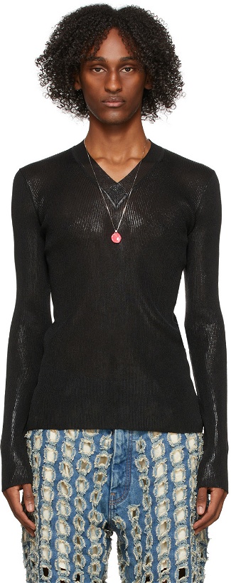 Photo: Bottega Veneta Black Metallic Effect V-Neck Sweater