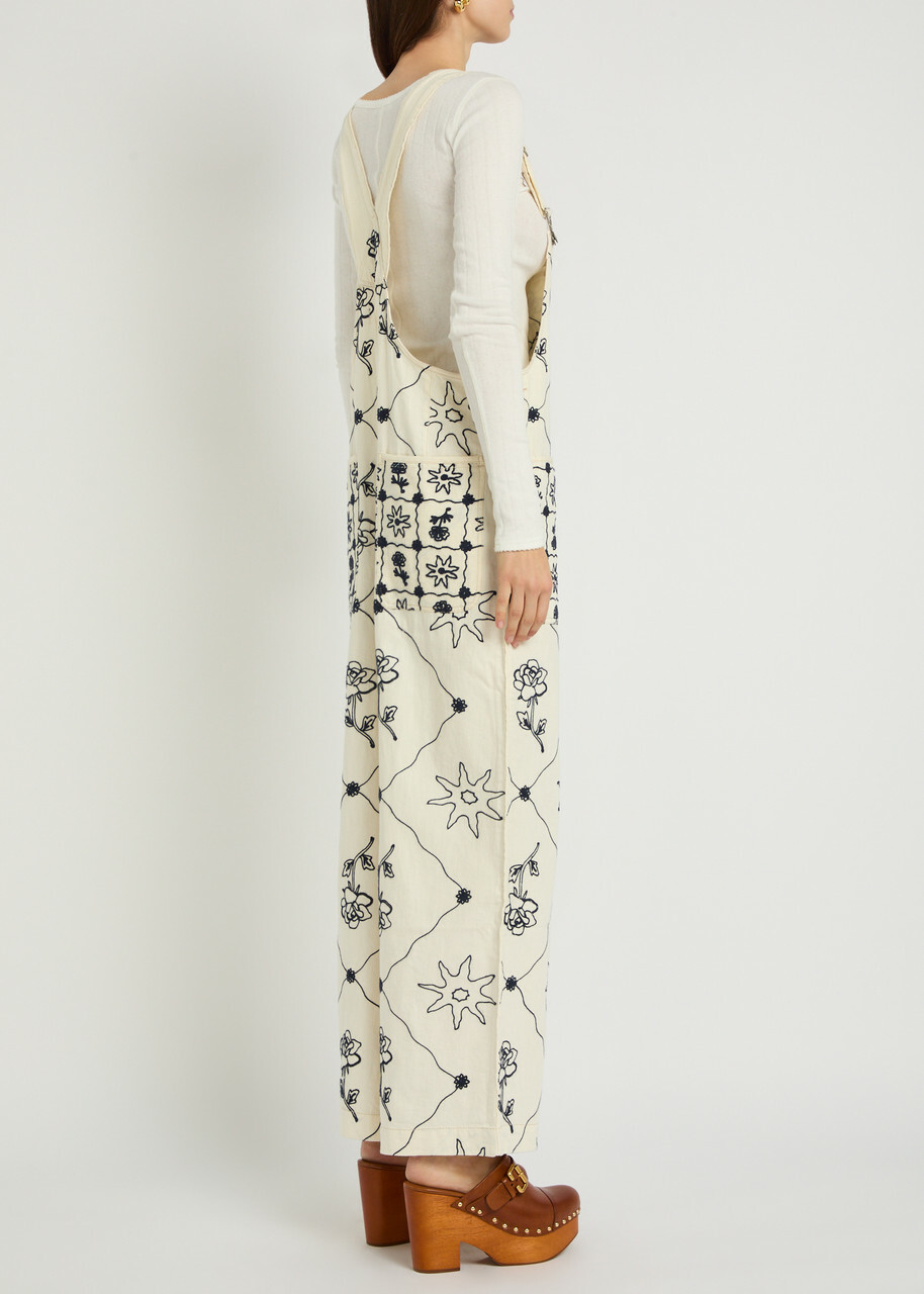 Free People Rising Sun Embroidered Denim Overalls White