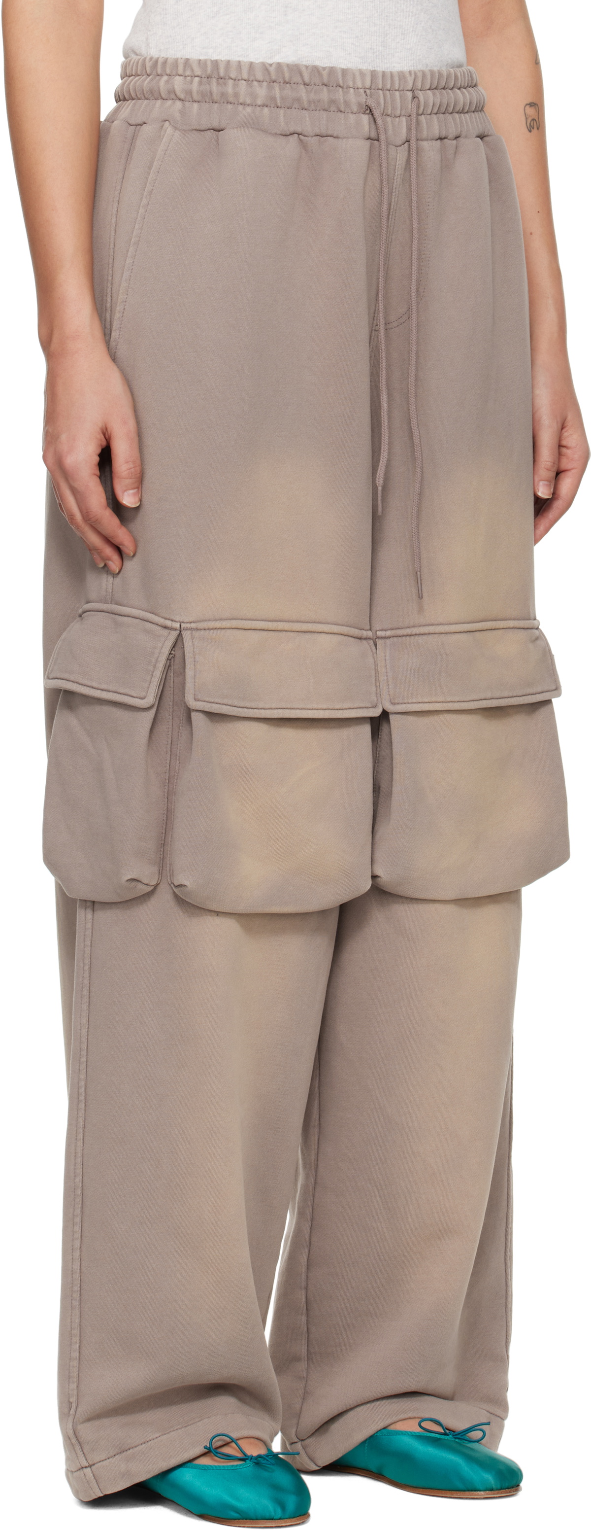 OPEN YY Beige Washed Pocket Baggy Sweatpants