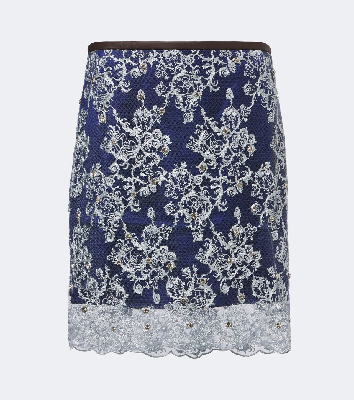 Jacques Wei Embellished leather-trimmed lace miniskirt
