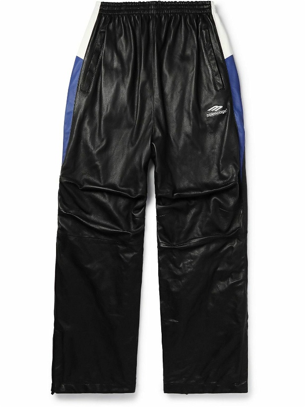 Photo: Balenciaga - Straight-Leg Striped Leather Sweatpants - Black
