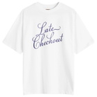 Late Checkout Men's Blue Script T-Shirt in White