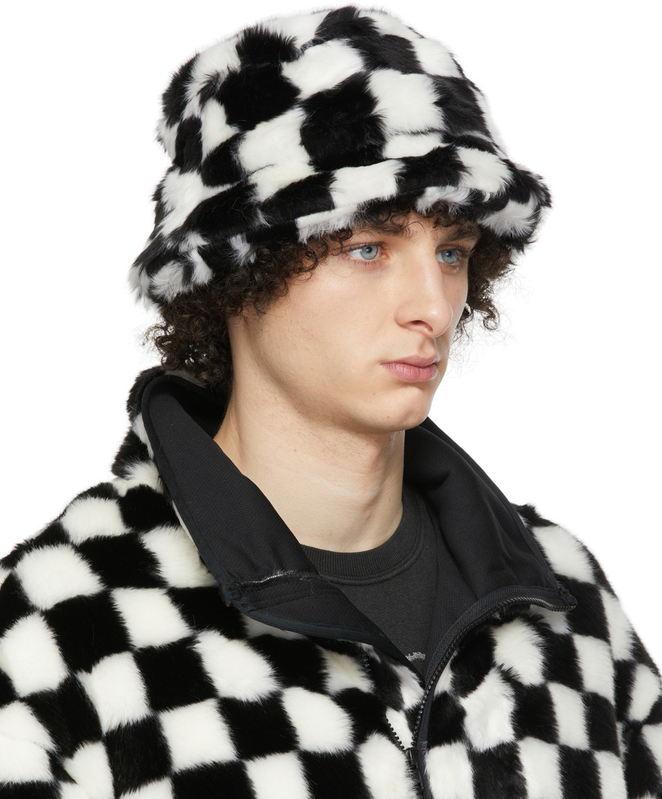 R13 Black White Faux Fur Bucket Hat R13