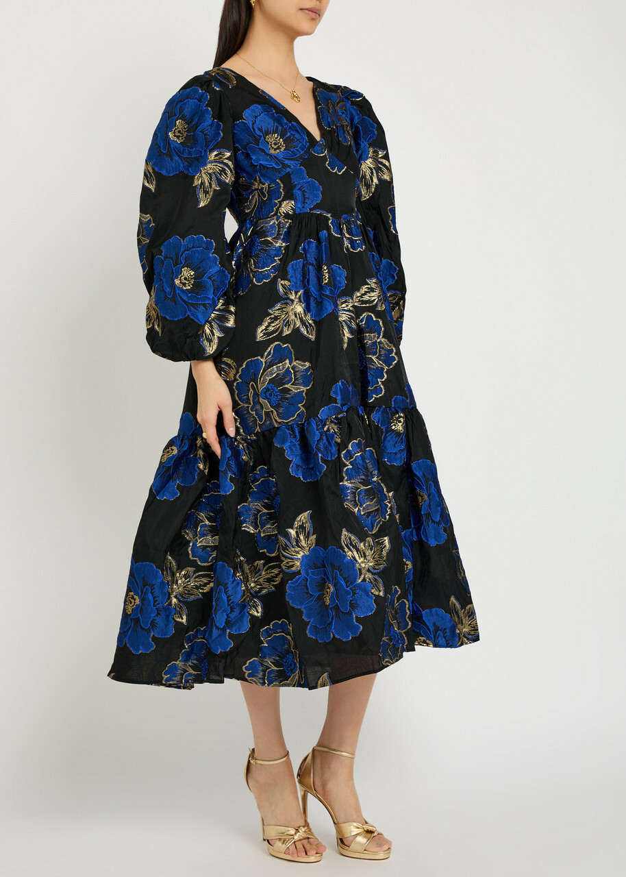 Sister Jane Blues Floral-jacquard Woven Midi Dress Blue