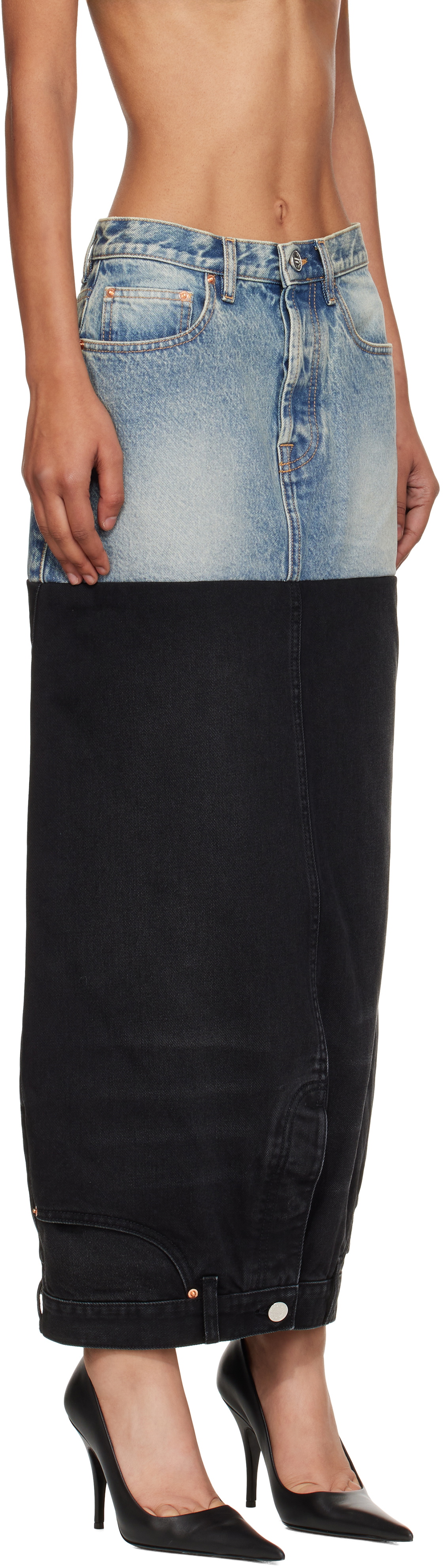 VETEMENTS Blue & Black Double Denim Maxi Skirt