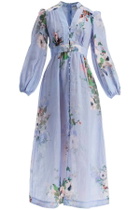 ZIMMERMANN light blue watercolor floral midi dress with deep v neckline Blue