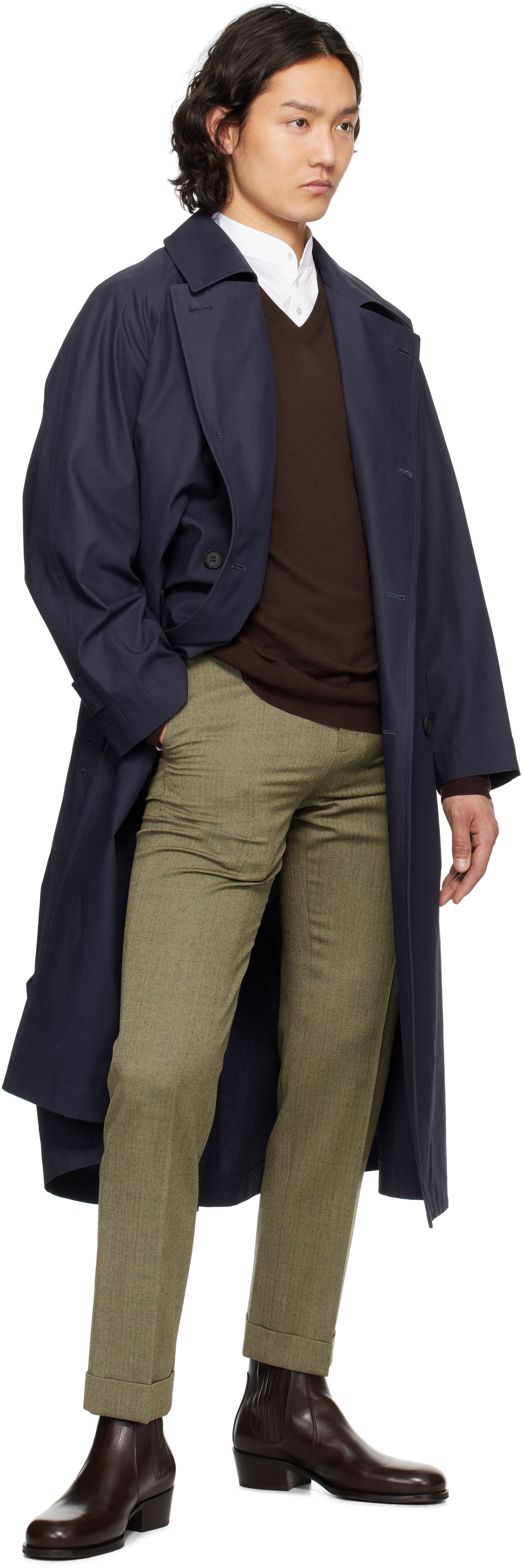 YLÈVE Navy Highdensity Cotton Broad Liner Trench Coat