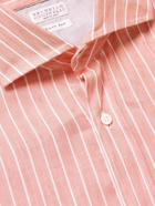 Brunello Cucinelli - Cutaway-Collar Striped Linen and Lyocell-Blend Shirt - Orange
