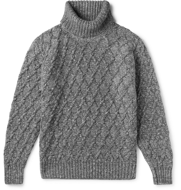 Photo: Inis Meáin - Mélange Cable-Knit Wool and Cashmere-Blend Rollneck Sweater - Gray