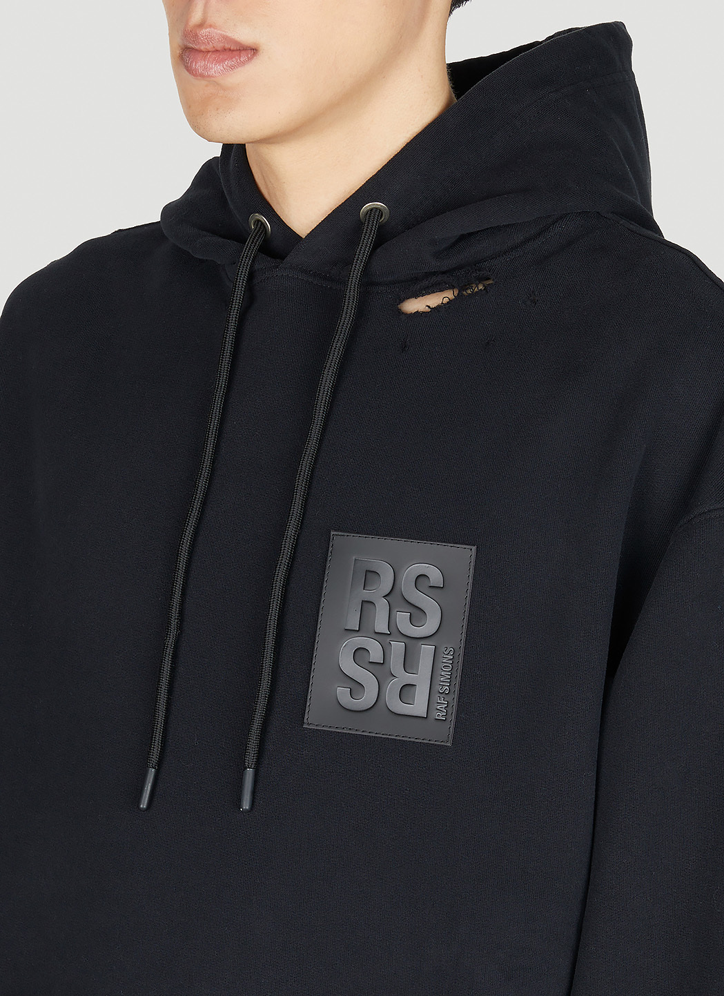 Raf Simons Destroyed Logo Patch Hooded Sweatshirt