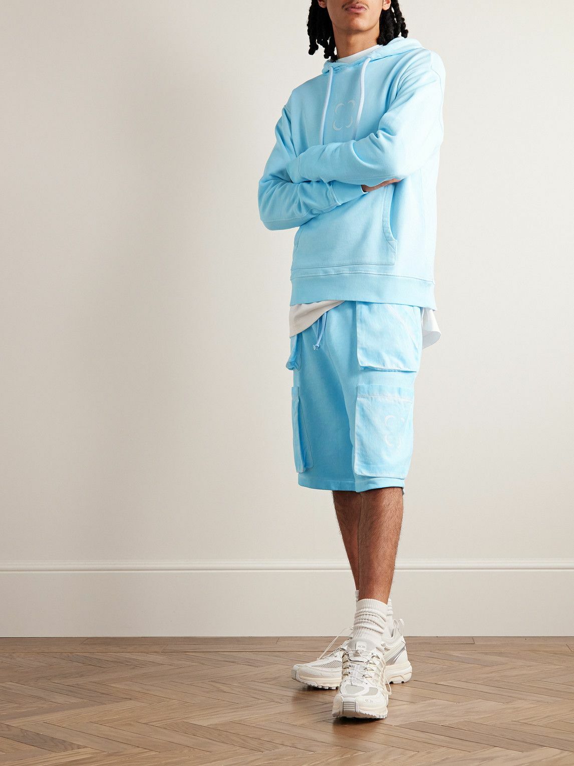 SAIF UD DEEN - Straight-Leg Cold-Dyed Cotton-Jersey Drawstring Cargo Shorts - Blue
