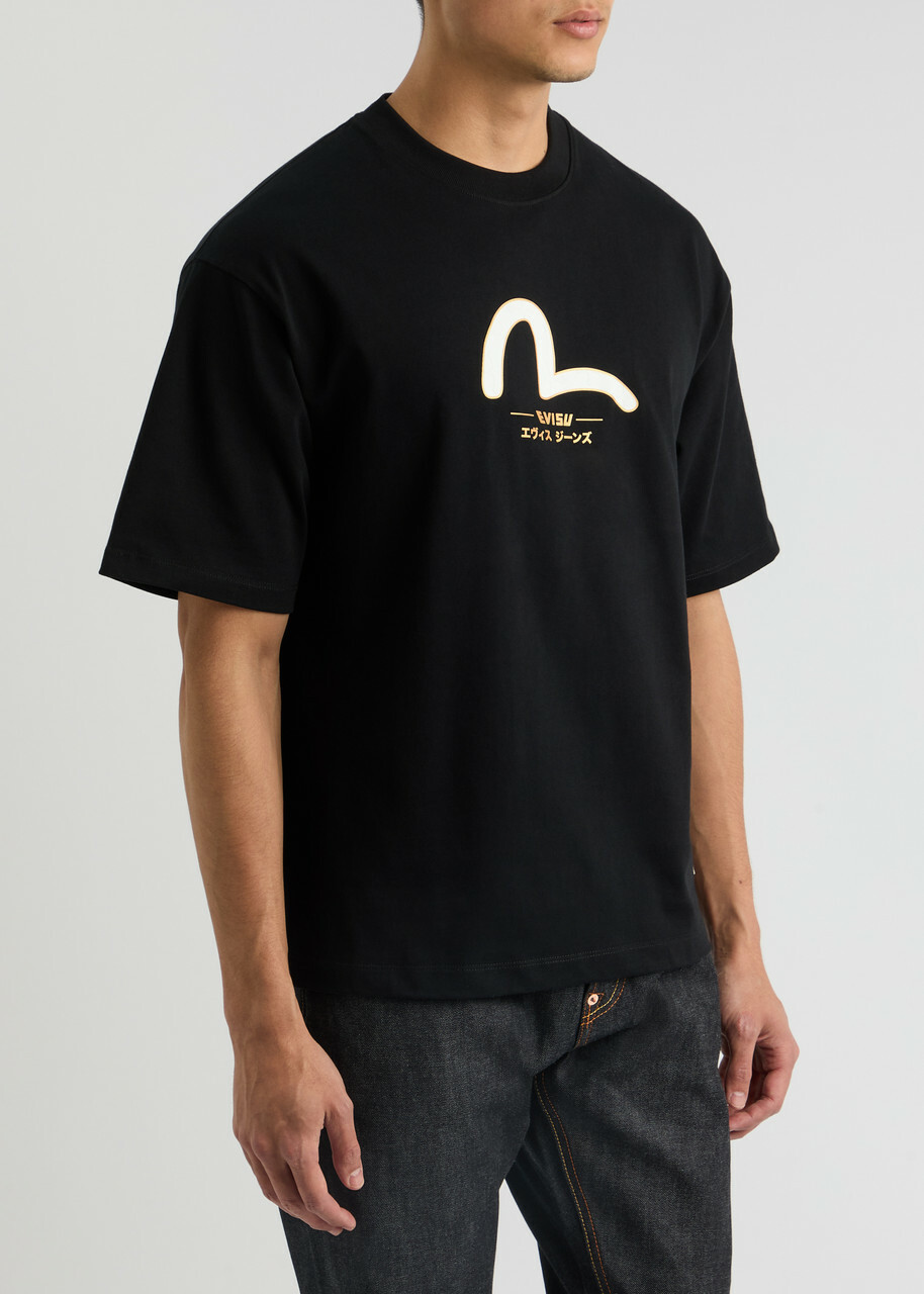 Evisu Daicock and Kamon Printed Cotton T-shirt Black