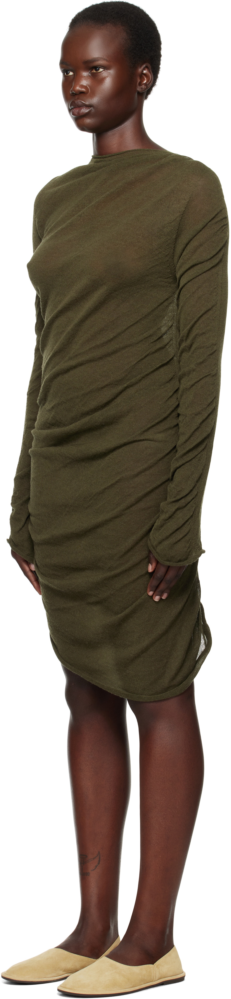 ISSEY MIYAKE Green Ambiguous Wool Midi Dress