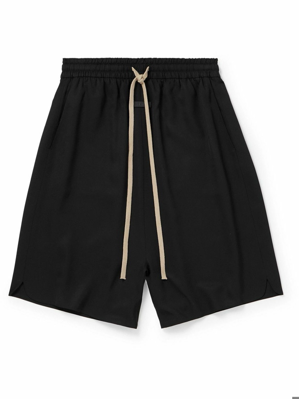 Photo: Fear of God - Straight-Leg Logo-Appliquéd Silk and Virgin Wool-Blend Drawstring Shorts - Black