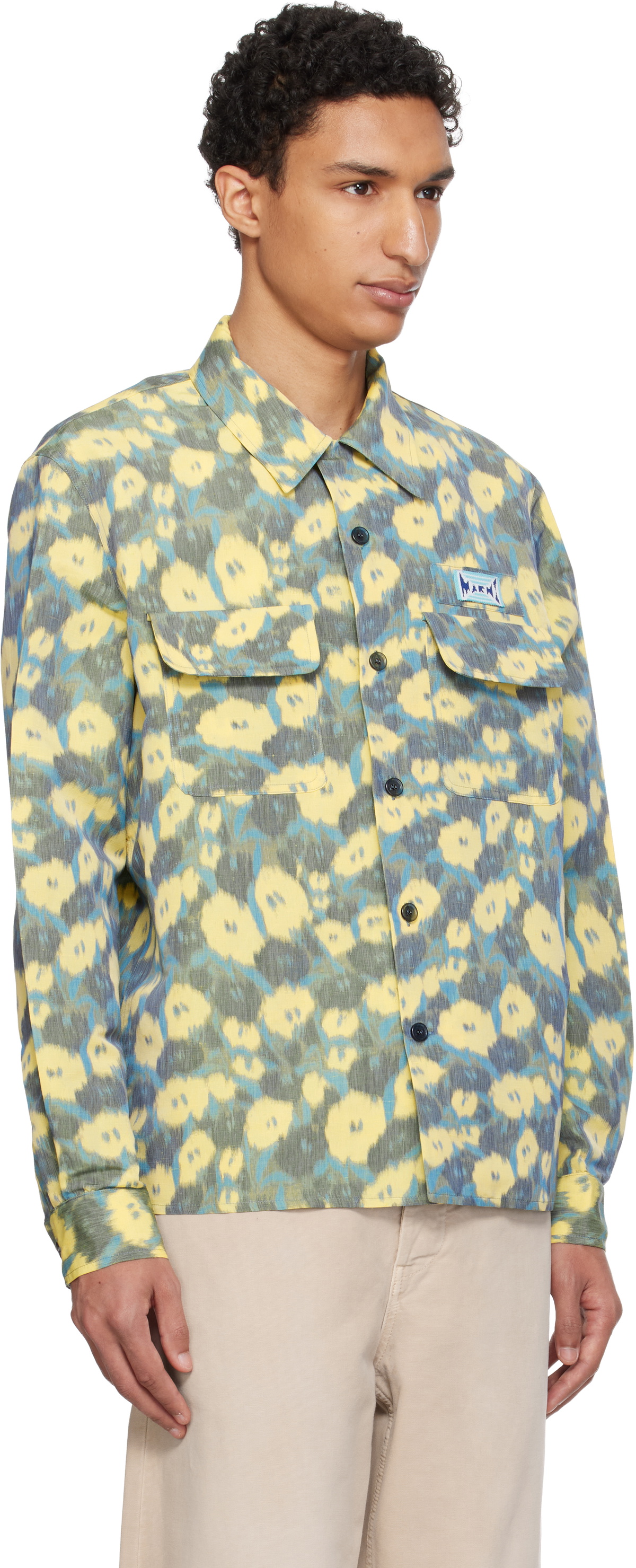 Marni Green & Yellow Linen Blend Blurry Floral Print Shirt