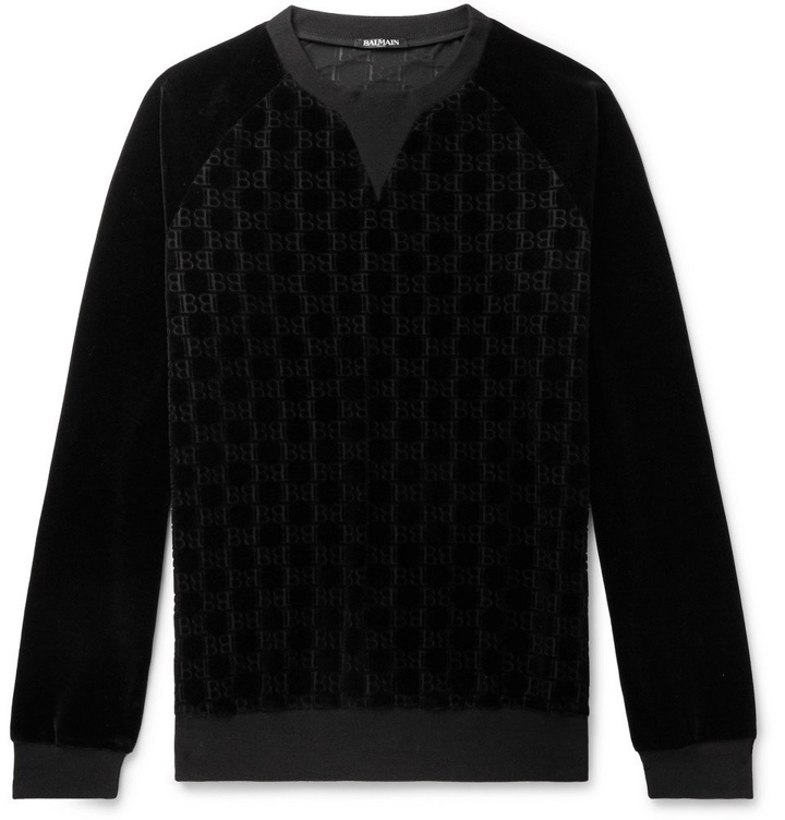 Photo: Balmain - Logo-Print Cotton-Blend Velvet Sweatshirt - Black